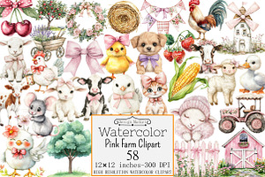 Watercolor Pink Farm Clipart, a Seasonal Illustration by Design Market