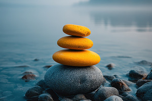 Yellow stones stacked on grey rocks, a Photo by Pixeness Studio