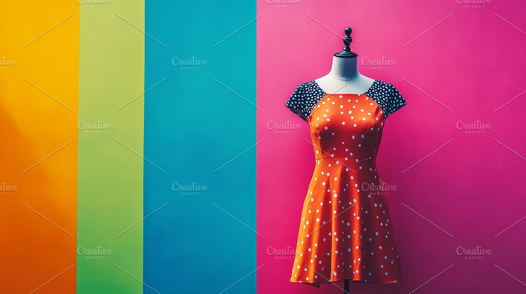 Floral Patterned Dress on Mannequin Against Bold Geometric Wall, an Abstract Photo by Natalia Klenova's Shop