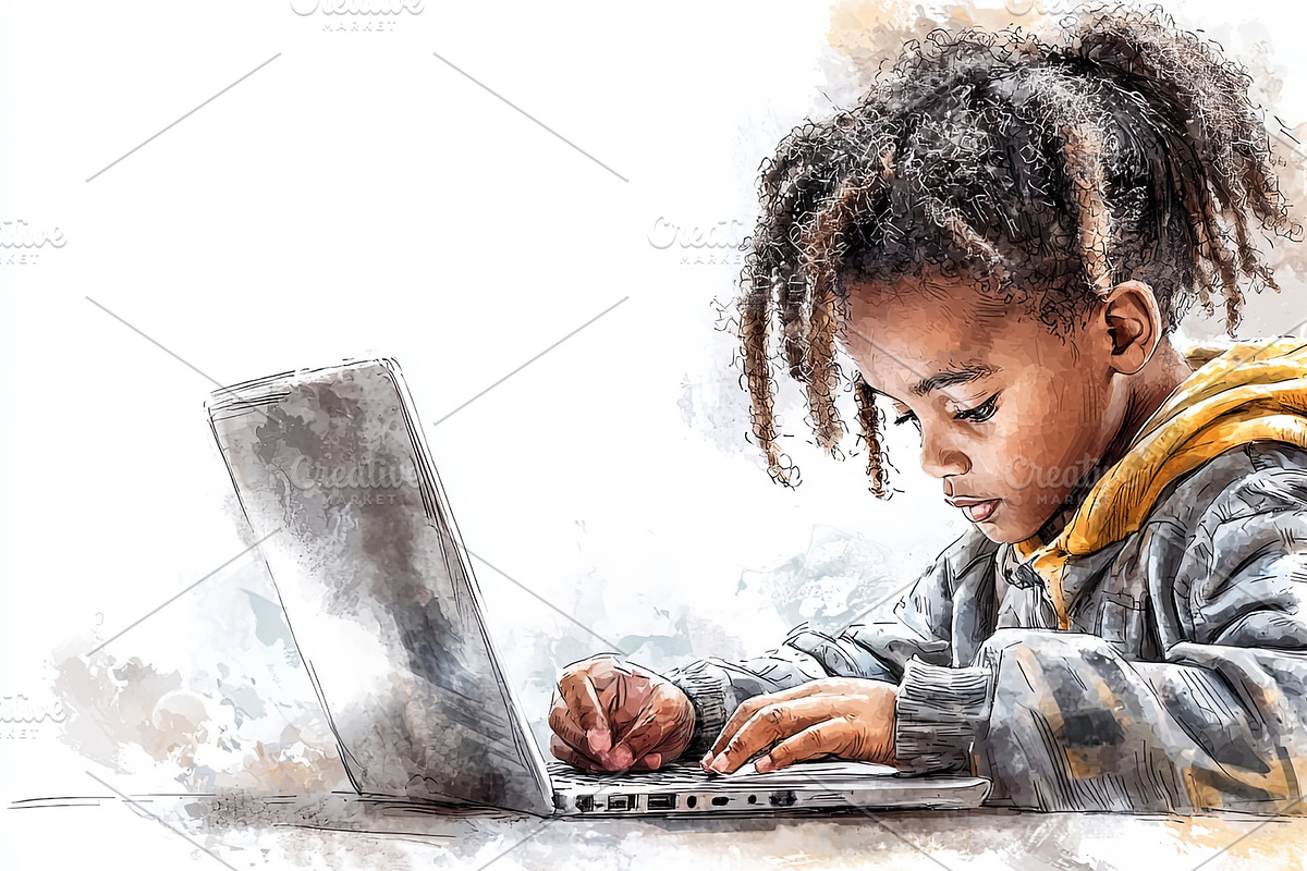 Curious young boy with dreadlocks typing on a laptop computer, an Illustration by AS photostudio