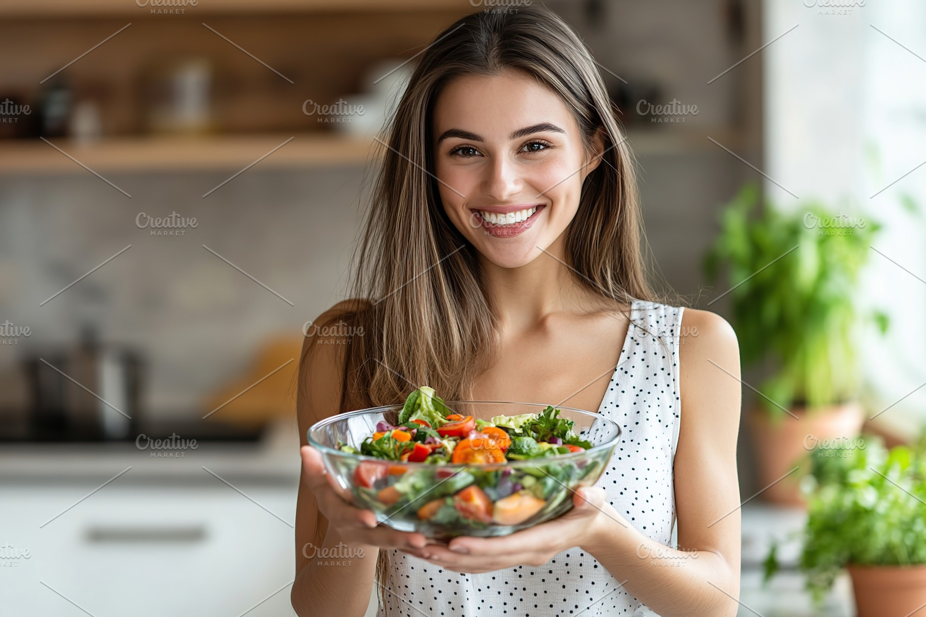 Young woman holding bowl with fresh vegetables salad, organic healthy food, a Food & Drink Photo by AlyaAnd