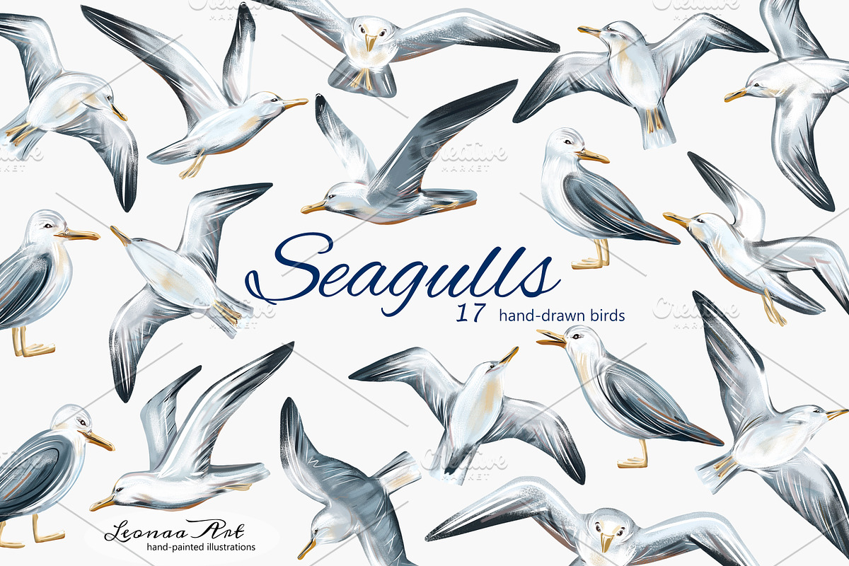 Seagulls Clipart Set, an Animal Illustration by Leonaa art (Photo 1 of 10)