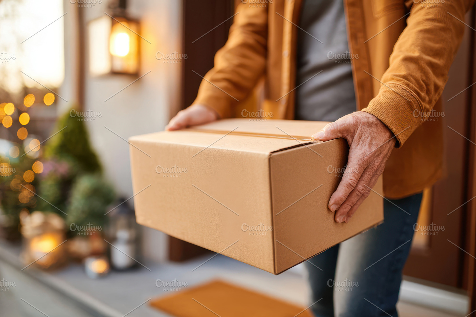 Person with delivery box at home entrance, an Industrial Photo by AlyaAnd
