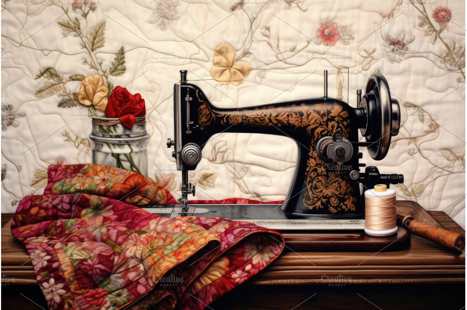 vintage sewing machine with quilt, an Arts & Entertainment Photo by Sergey Kotenev