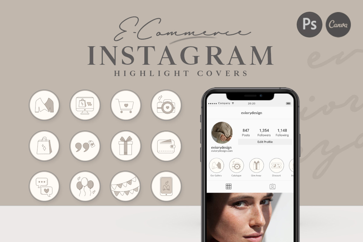 BUNDLE Highlight Instagram CANVA PS, a Social Media Template by Eviory