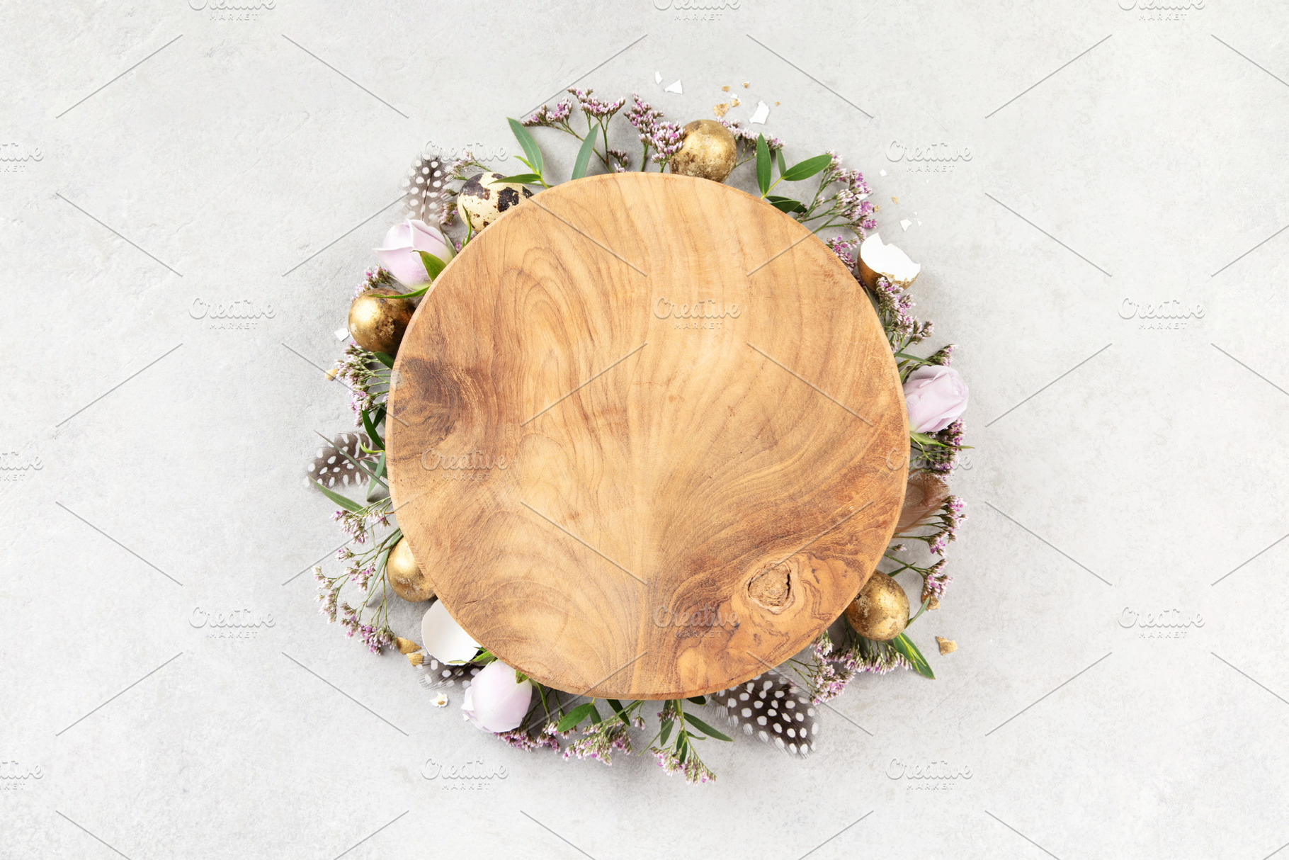 Rustic Wooden Plate Mockup with Spring Floral Wreath, a Holiday Photo by Natalia Klenova's Shop