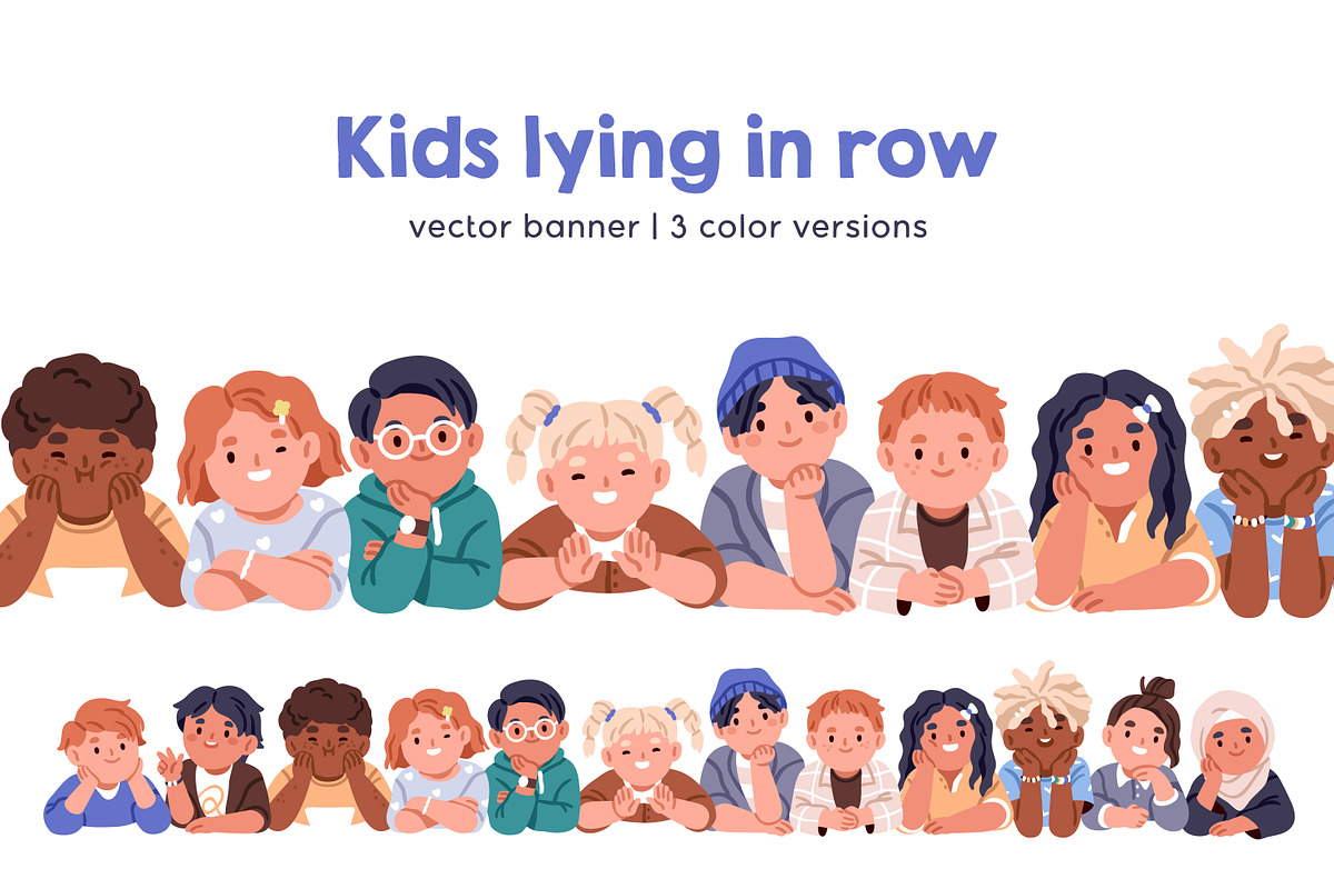 Happy kids lying together in row, a Person Illustration by Good Studio (Photo 1 of 7)