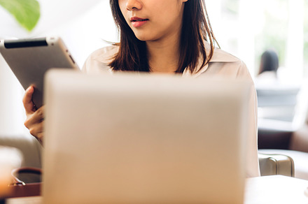 Portrait of smiling happy beautiful asian woman relax using tech, a Person Photo by Art_Photo