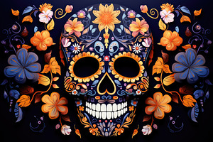 Vivid Celebration of Life: Day of the Dead Sugar Skull in Bloom, a Seasonal Illustration by José Manuel Gelpi