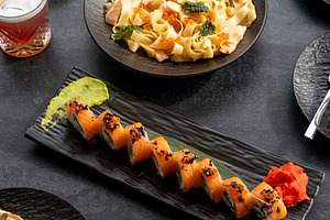 Cafeteria lunch menu mix sushi pasta drink dessert, a Food & Drink Photo by Photo Drive Studio