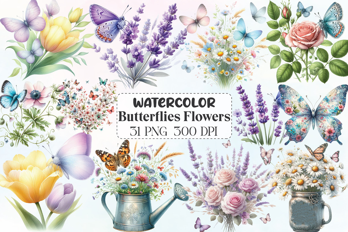 Watercolor Butterflies Flowers, an Illustration by CraftArtStudio (Photo 1 of 6)