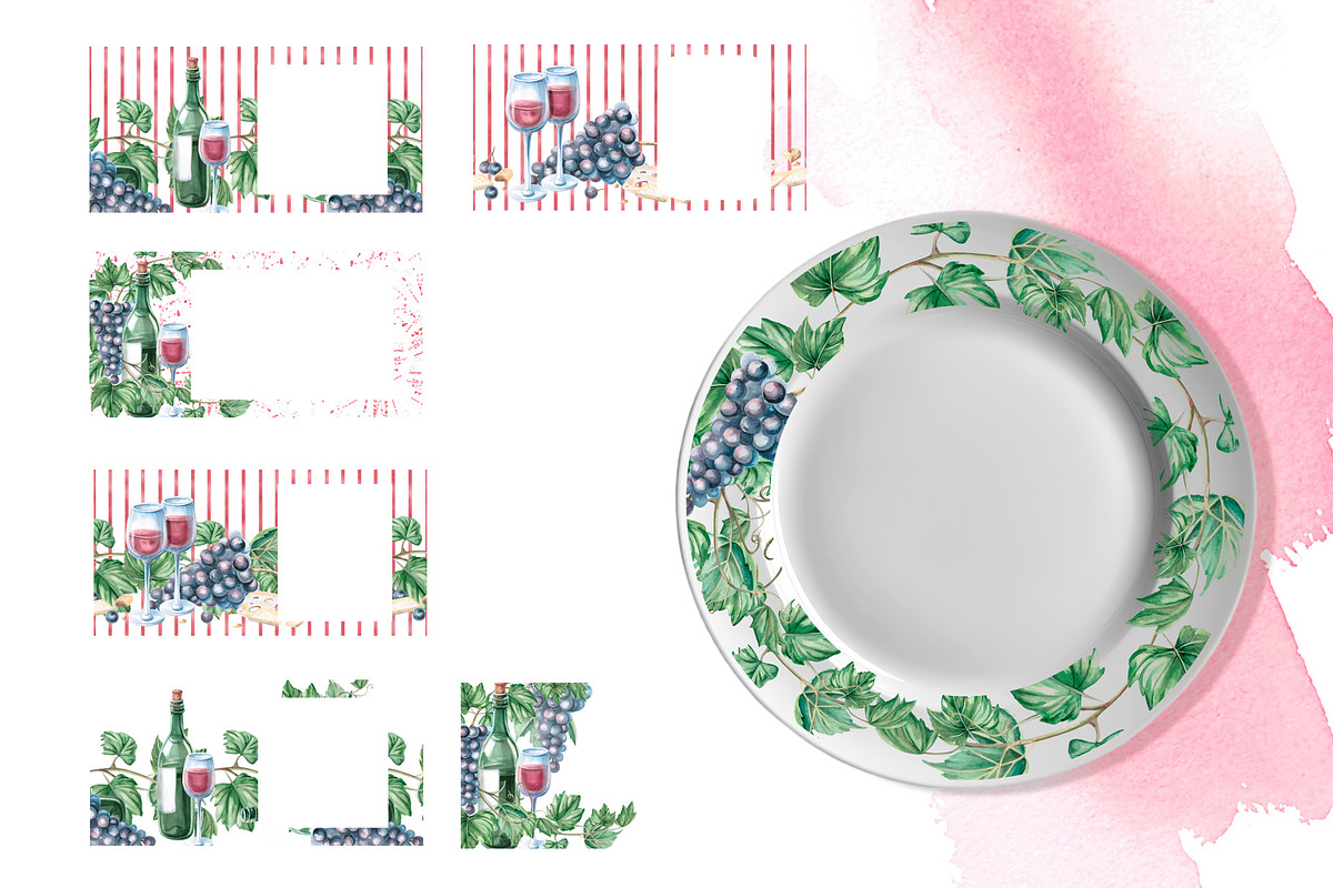 Wine and Grapes,watercolor clip art, a Food Illustration by SvetLana (Photo 9 of 16)