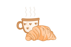 Cup Of Coffee And Croissant. Doodle