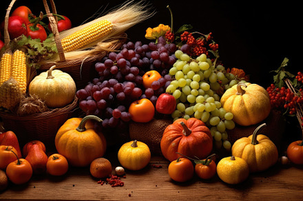 An assortment of freshly harvested autumn fruits and vegetables., a Nature Photo by designvectx