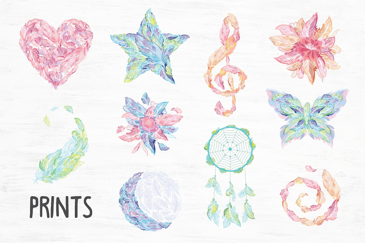 Bohemian Feathers Vector Set, a Decorative Illustration by kisikoida (Photo 7 of 16)