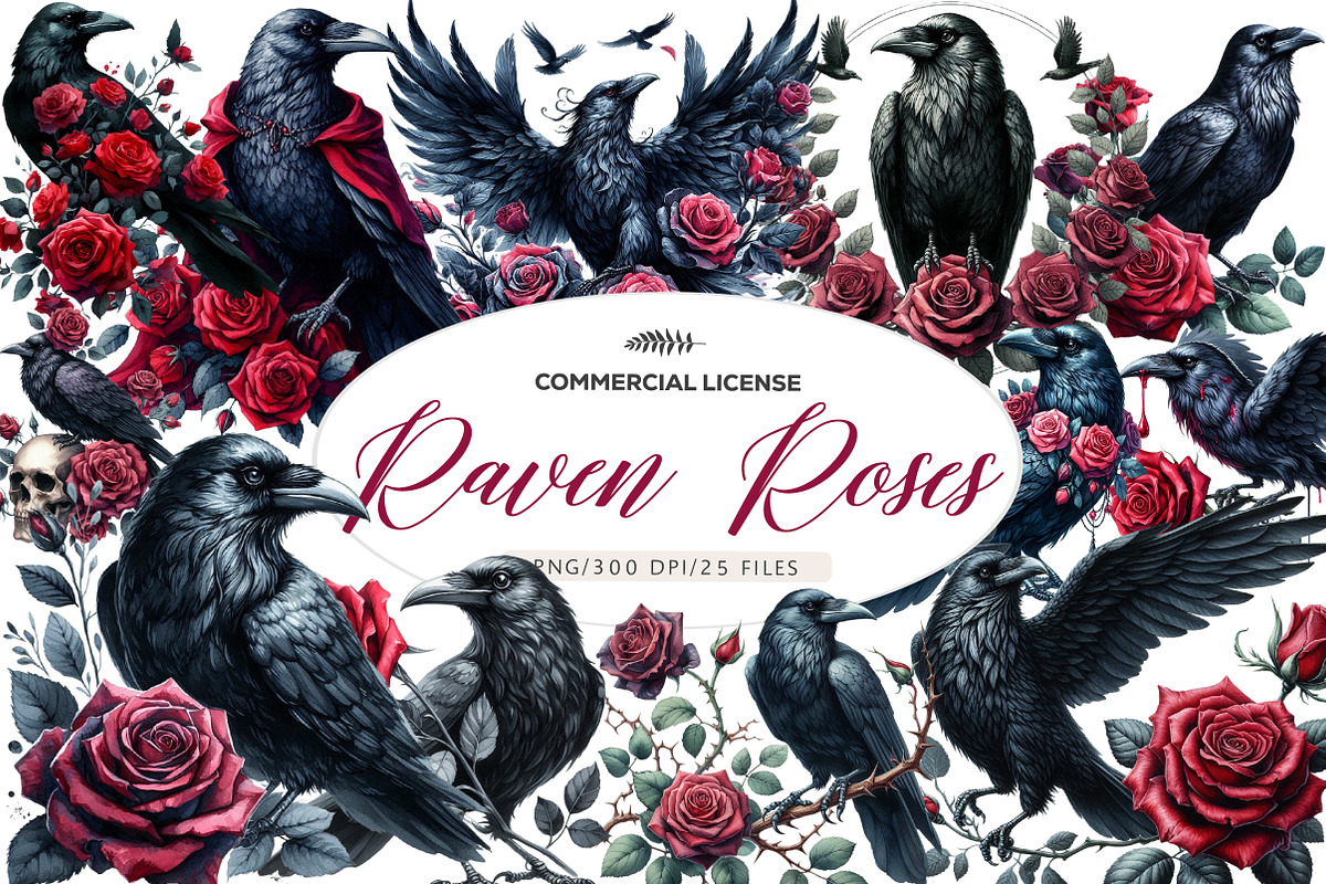 Watercolor Raven and Red Roses, an Illustration by CreationArt (Photo 1 of 5)