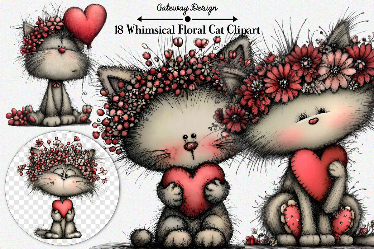Whimsical Floral Cat Clipart, an Illustration by GatewayDesign (Photo 1 of 3)
