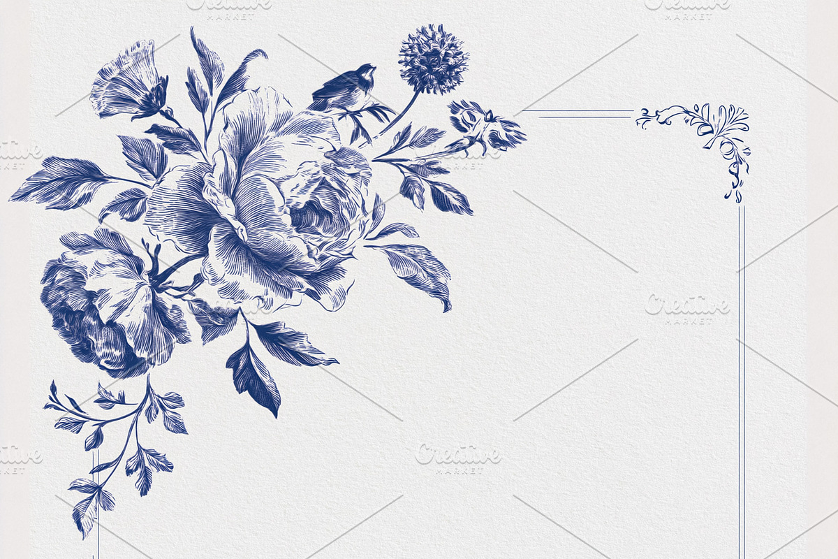 Vintage blue floral frame template with etching style roses, bir, an Illustration by Studio ANNA (Photo 2 of 2)