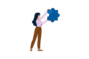 Woman holding big puzzle piece with, a Technology Illustration by pikepicture