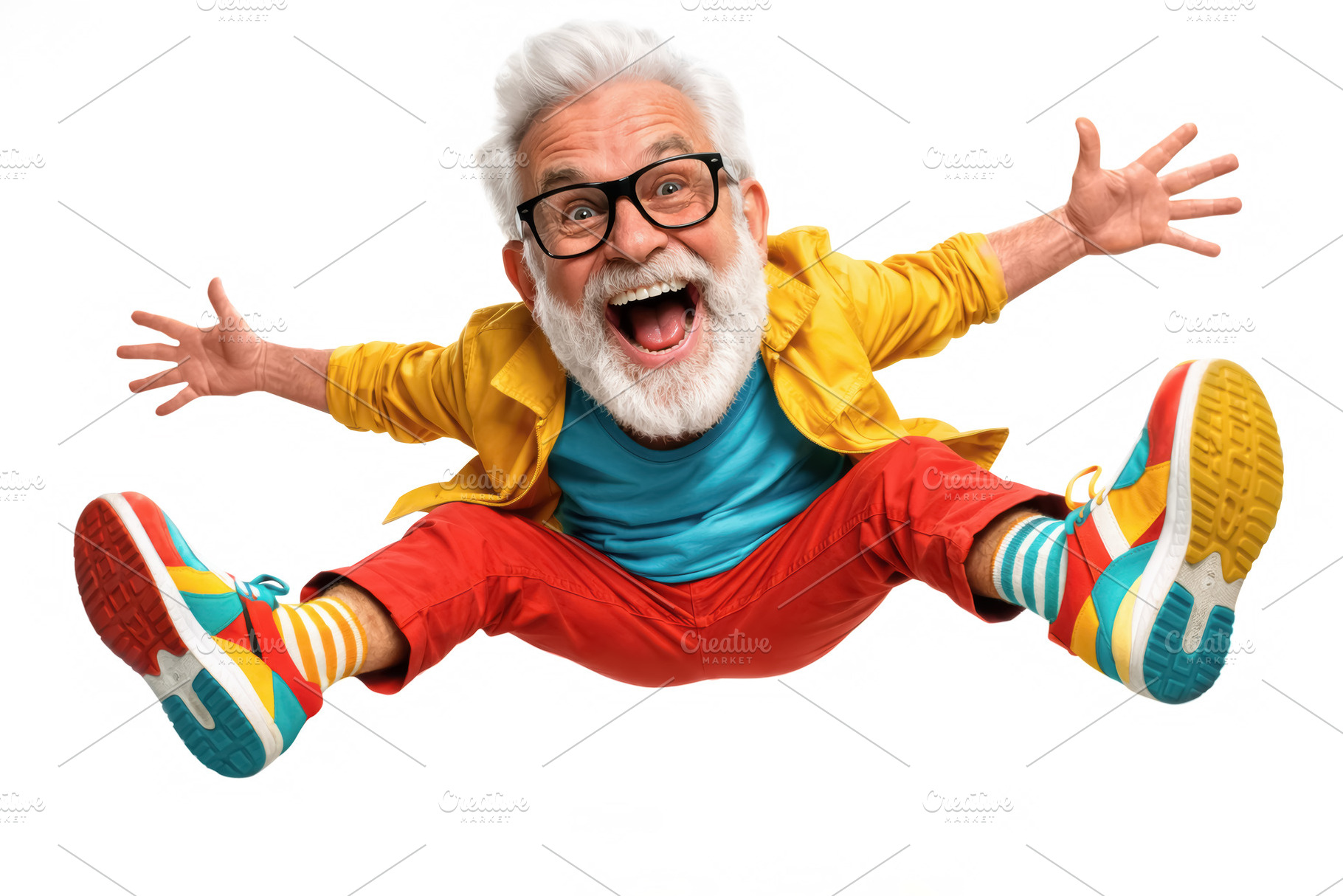 Cartoon of an older man jumping for, a Person Photo by angellodeco