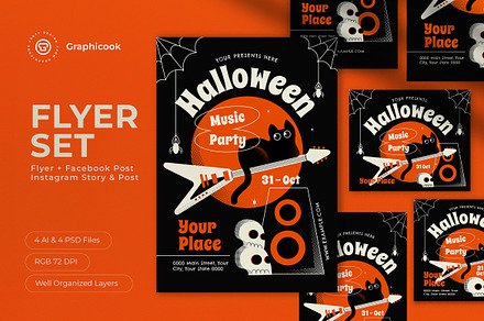 Halloween Music Party Flyer Set, a Flyer Template by graphicook