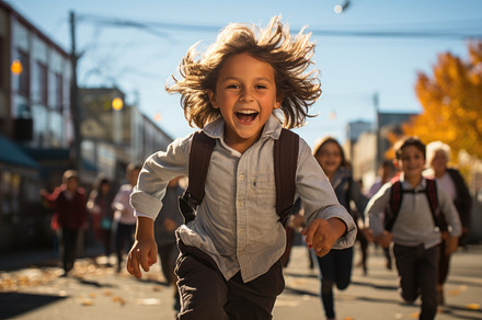 Photo of a schoolyard full of children and a little boy running, a School & Education Photo by designvectx