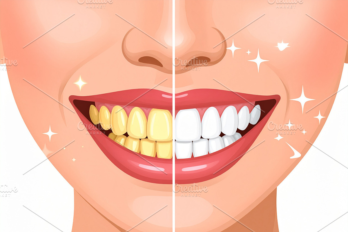 Left side shows yellowish teeth and the right side shows bright, a Healthcare Illustration by DanFLCreativo