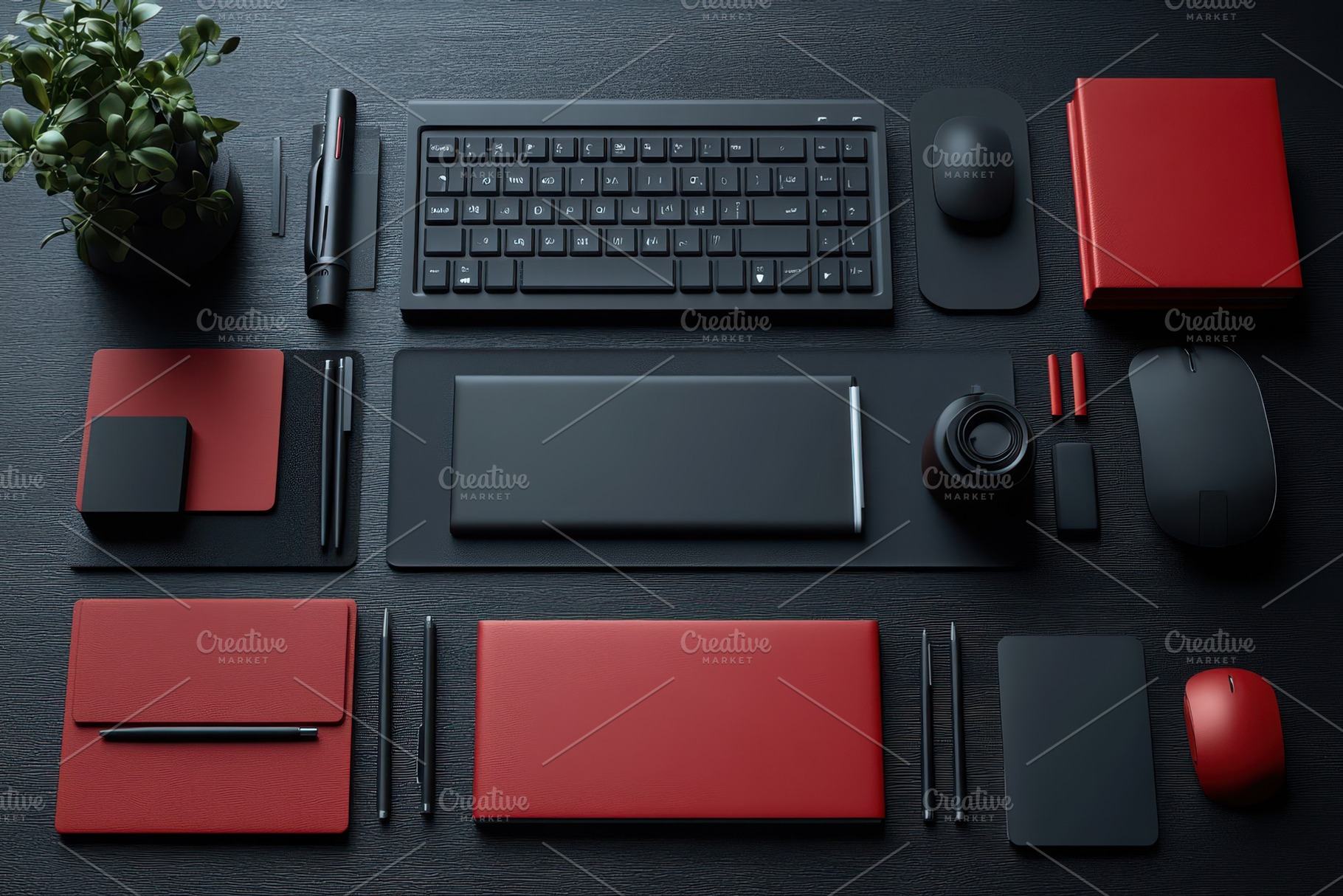 Workspace layout with red accessorie, a Photo by Tanuart