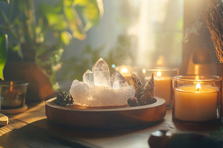 Healing Crystals and Candles at Sunset on Wooden Tray, an Abstract Photo by Natalia Klenova's Shop