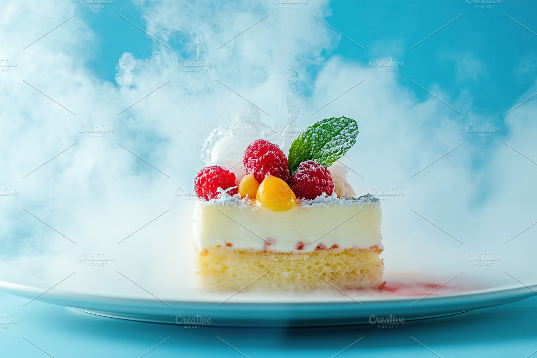 Sweet dessert featuring molecular gastronomy with a cloud of smoke and vibrant, a Food & Drink Photo by AlyaAnd