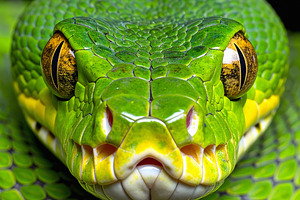 Green pit viper closeup with golden slit eyes and scales, an Animal Photo by GoodGoods