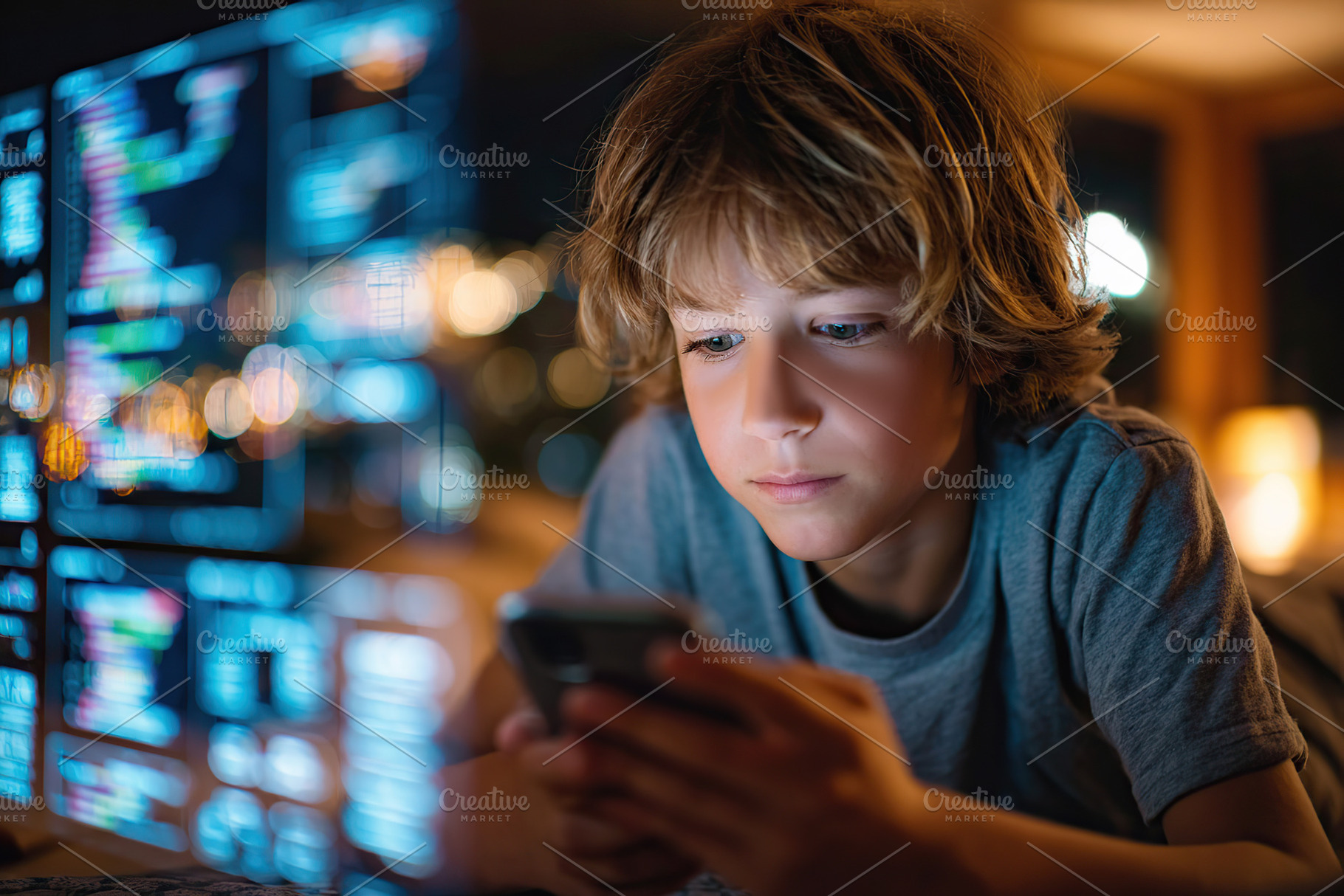 Young boy focused on smartphone while surrounded by computer screens at night, a Person Photo by AlyaAnd