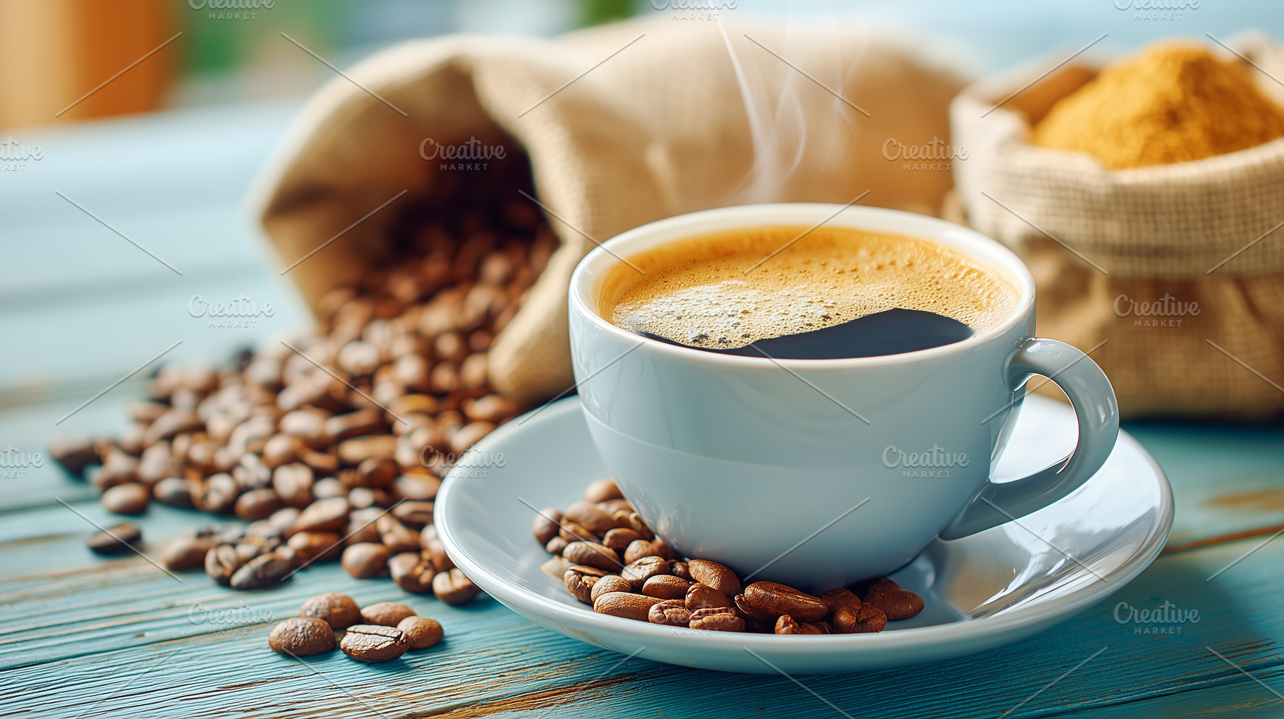 Steaming cup of black coffee on a, a Food & Drink Photo by MistyDay