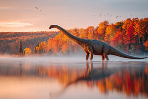 Graceful dinosaur walking through misty water with autumn foliage in the backgr, an Animal Photo by AlyaAnd