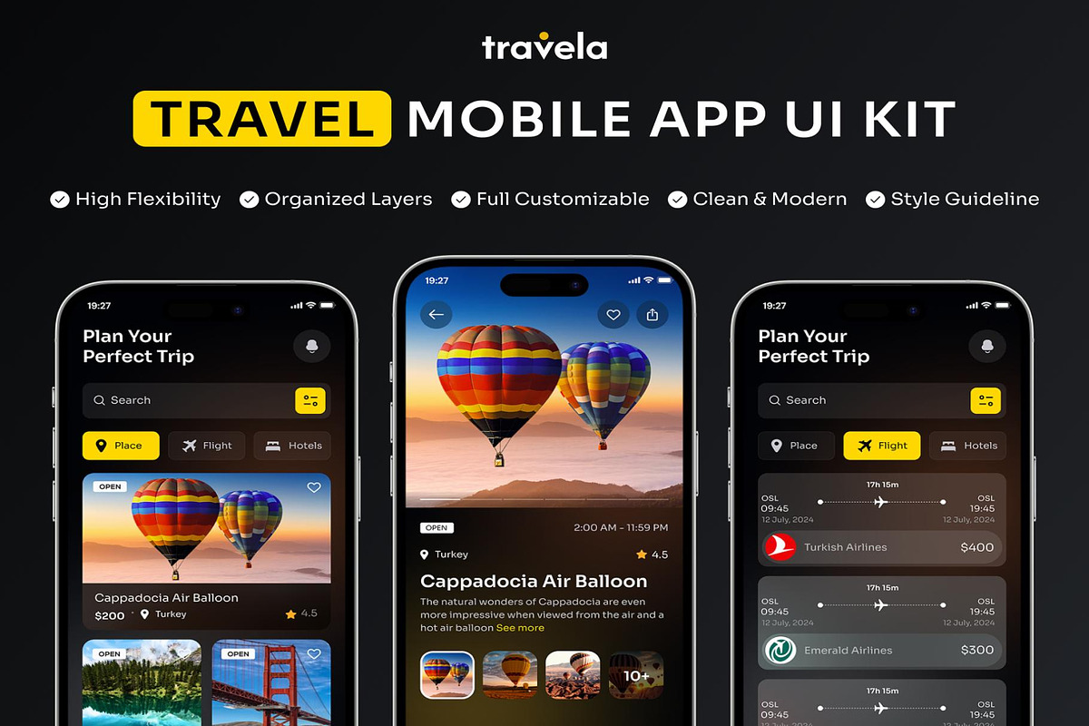 Travela Travel Booking Mobile App UI, an UI Kit Template by Creative Perspective (Photo 1 of 6)