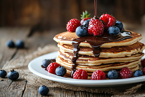 Delicious pancakes topped with fresh berries and melted chocolate sauce on a ru, a Food & Drink Photo by AlyaAnd