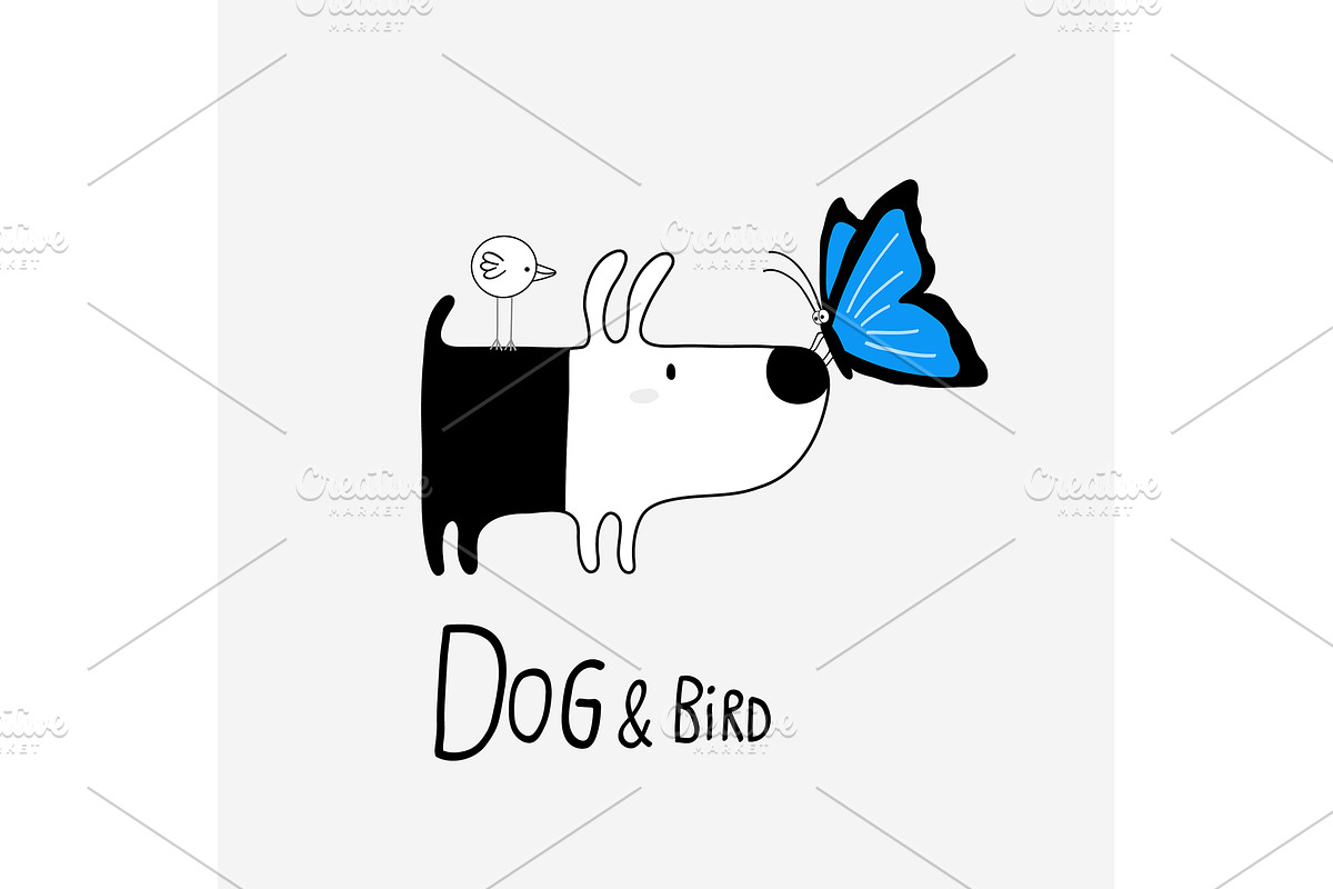 Dog & Bird with a Morpho Butterfly, an Animal Illustration by Irene Loal