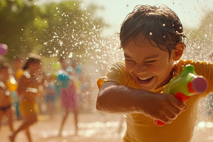 Children with Water toy spraying brightly colored stream in sunn, a Photo by Dvoevnore photos