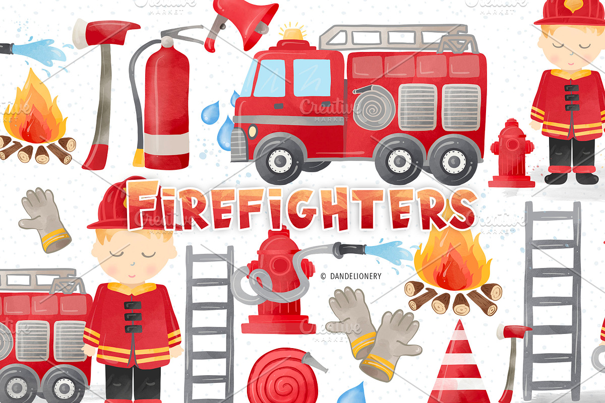 Watercolor Firefighters Clipart, an Object Illustration by designloverstudio (Photo 1 of 2)
