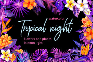 Tropical night - neon exotic flowers