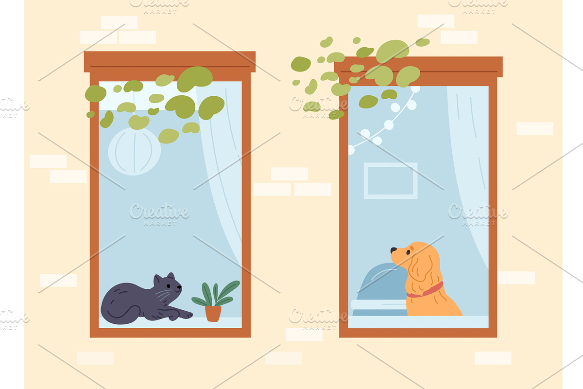 Dog and cat look into windows of, an Object Illustration by Vectorbuum