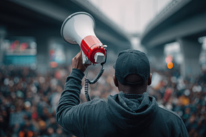 Man with megaphone addressing a crow, a Photo by Pixeness Studio