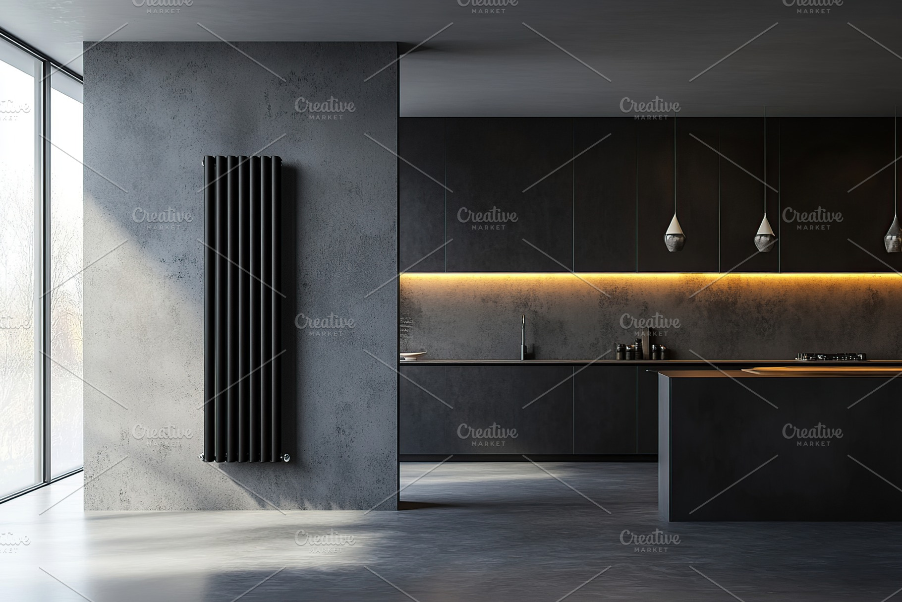 Black vertical heater radiator in modern kitchen interior, an Architecture Photo by AlyaAnd