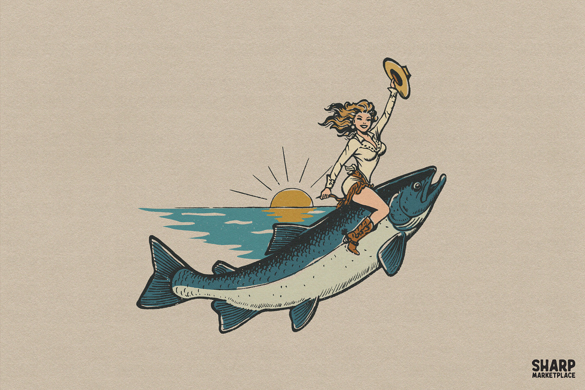 Vintage Cowgirl Riding Giant Fish, an Object Graphic by SharpMarketplace (Photo 1 of 4)