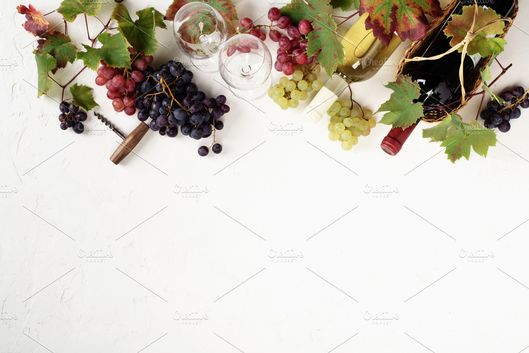 Wine Bottles and Grapes on White Background with Copy Space, a Food & Drink Photo by Natalia Klenova's Shop