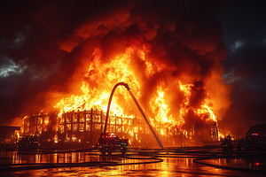 Massive fire engulfs warehouse as fi, a Photo by Tanuart