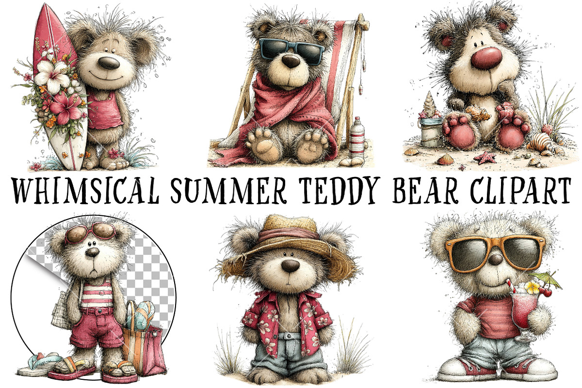 Whimsical Summer Teddy Bear Clipart, an Illustration by OK Design (Photo 2 of 6)