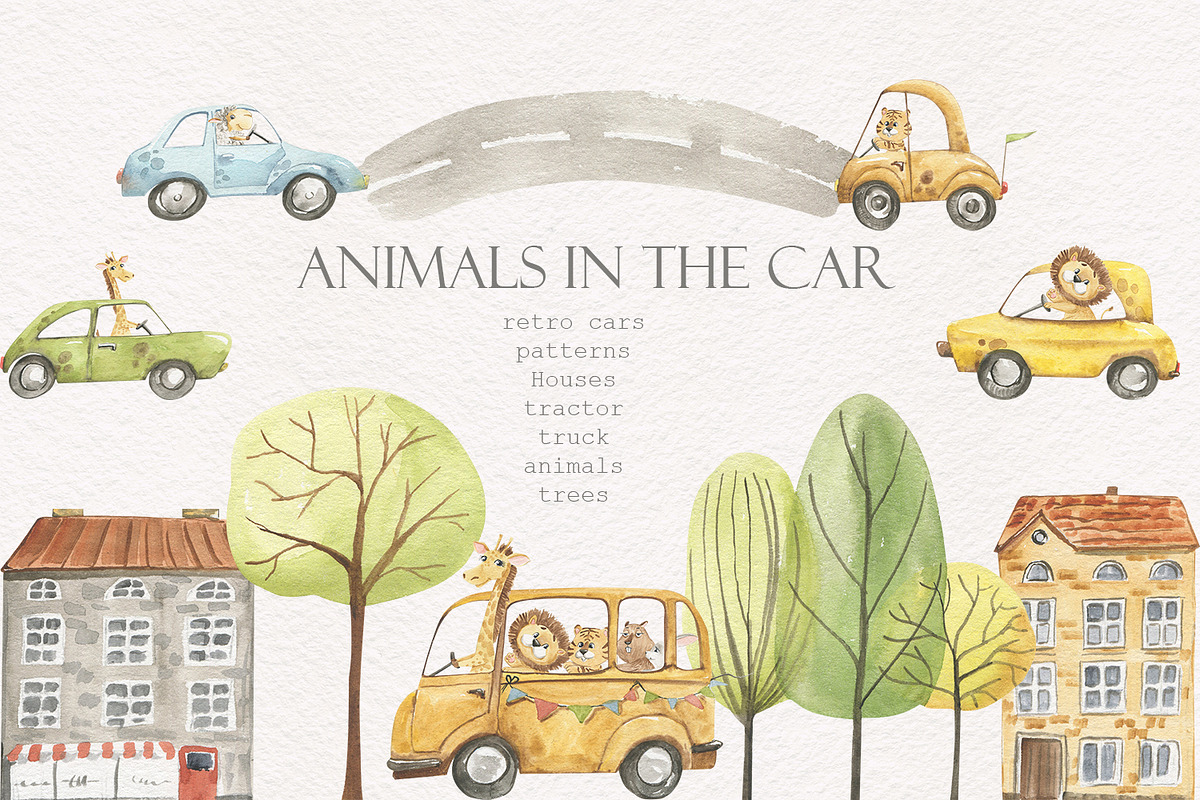 Animals in the car, an Illustration by Love Watercolor Store (Photo 1 of 15)