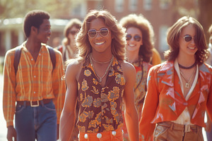Group of stylish young adults walking confidently in vibrant 1970s-inspired out, a Person Photo by ImageMir