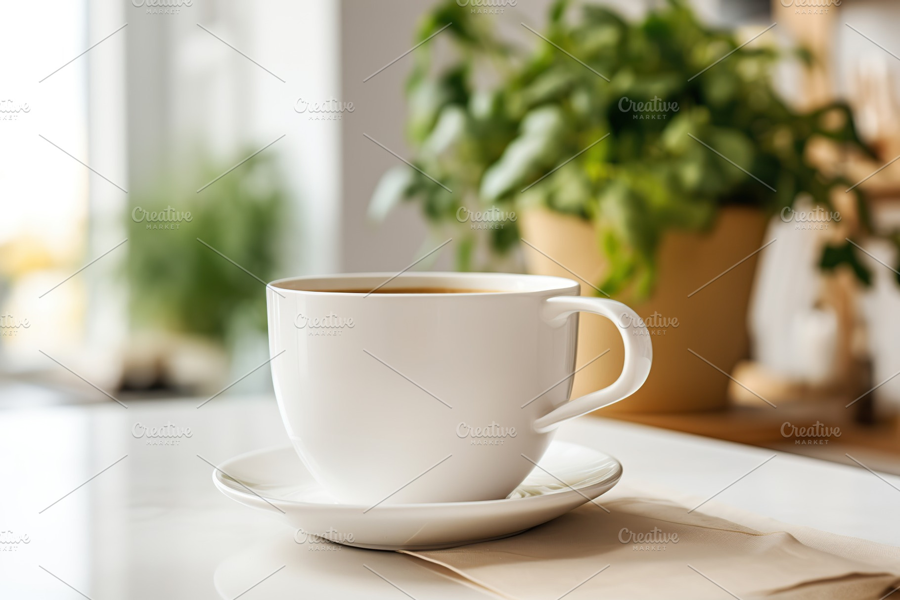 White cup of coffee on kitchen table, a Food & Drink Photo by AlyaAnd